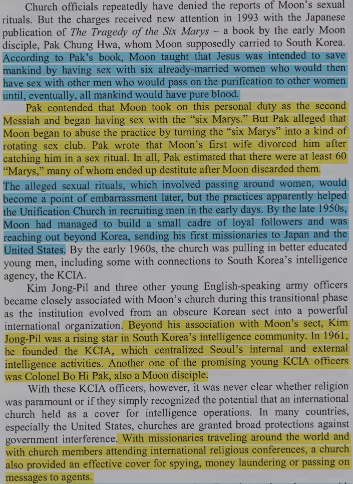 toxictiramisu's tweet photo. Moonies were a sεx cult whose leader held orgiεs w/ girls as purification rituals. Through their church, they infiltrated the US gov, using young girls to sεxually blackmail politicians to advance South Korean interests &amp; establish a worldwide theocracy under their leader's rule. https://t.co/sj0eOF0SDn