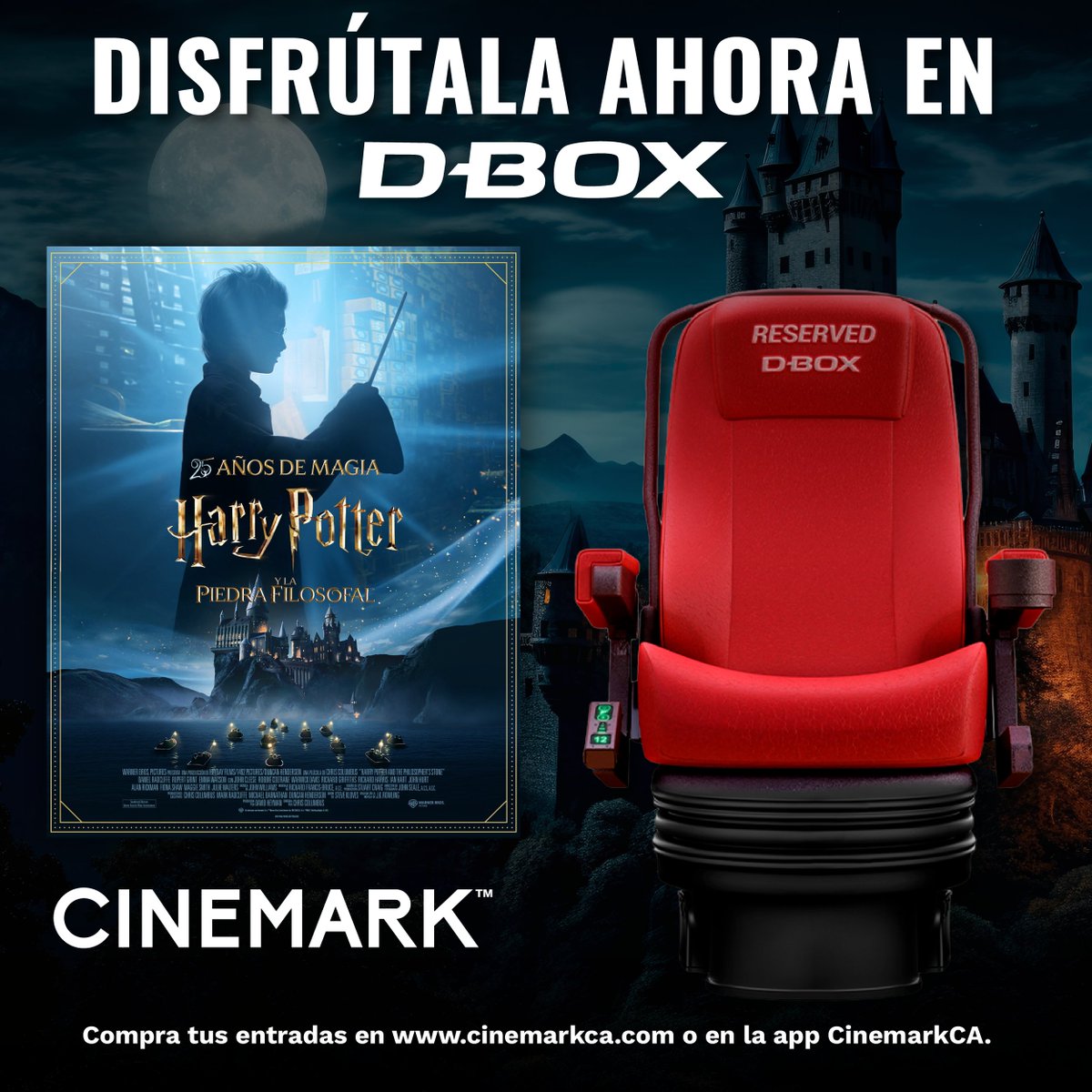 CinemarkSV's tweet photo. ⚡🚂 ¡Próxima parada: Plataforma 9¾! 🍿🤯 Vuelve a disfrutar #HarryPotter y la Piedra Filosofal y siente cada momento con el movimiento de nuestras sillas D-BOX. 🦉✨
🎟️ Compra tus entradas en https://t.co/593fgqgbUg o en la app CinemarkCA. #DBOX https://t.co/JnTvtkTaOB