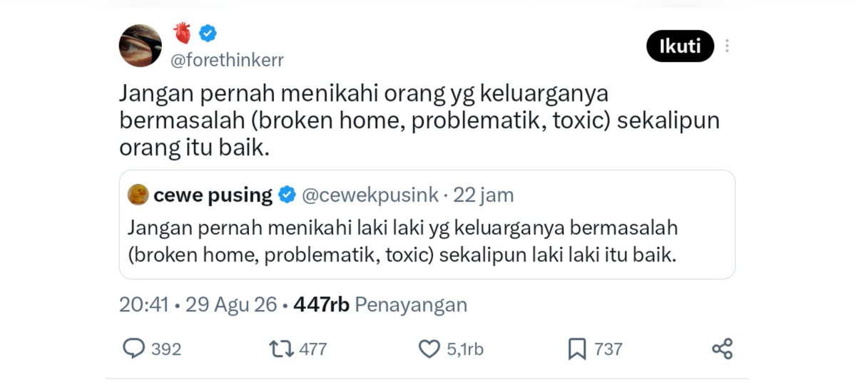 falalanisrina's tweet photo. UDAH MAH NANGGUNG TRAUMA SAMPE DEWASA 
MATI2AN SURVIVE DAN HEAL SENDIRI 
NGELAWAN INSECURE DAN KELAYAKAN DIRI SENDIRI TIAP HARI
MASIH AJA HARUS DI JUDGE SAMA MEREKA. 

JADI ANAK BROKEN HOME TUH BUKAN PILIHAN. SIAPA SIH YANG MAU LAHIR JADI ANAK BROKEN HOME? 

YANG JADI PILIHAN TUH ACT KITA SETELAH ITU. 
USAHA KITA BUAT SEMBUH DAN PENERIMAAN DIRI SENDIRI.