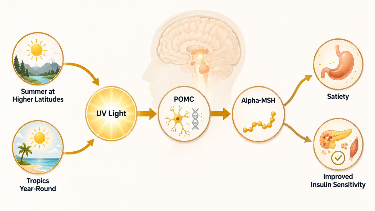 AmmousMD's tweet photo. There's plenty of UV light in the summer at higher latitudes, and year-round in the tropics:

UV light → POMC activation → ↑ α-MSH 

→ Higher satiety and insulin sensitivity

The environment you eat fruit in influence how your body metabolizes it. https://t.co/YsaATepP5k