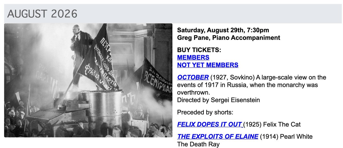 cgcardona's tweet photo. I'm going to the Saturday night showing with Piano Accompaniment at the Niles Silent Film History Museum.

Featuring

- October (Ten Days that Shook the World): A large-scale view on the events of 1917 in Russia. 

Preceded by shorts

- Felix Dopes It Out
- The Exploits of Elaine https://t.co/22uaHWopYi