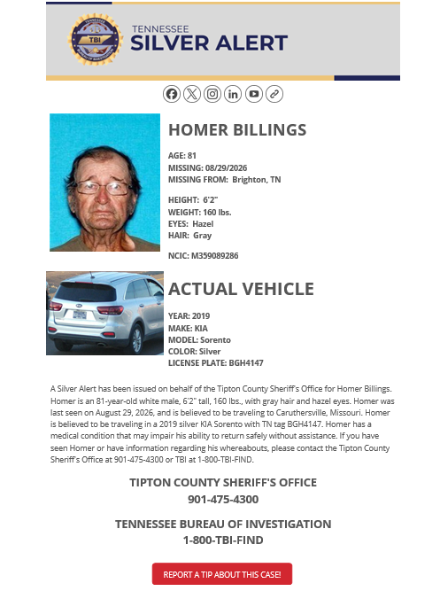 TBInvestigation's tweet photo. MORE: Homer Billings, the subject of a #TNSilverAlert may be driving this silver 2019 KIA Sorento with TN plate BGH4147.

Homer has a medical condition that may impair his ability to return safely without assistance.

Spot him? Call TBI at 1-800-TBI-FIND!

2/X https://t.co/tALMqBxRFT