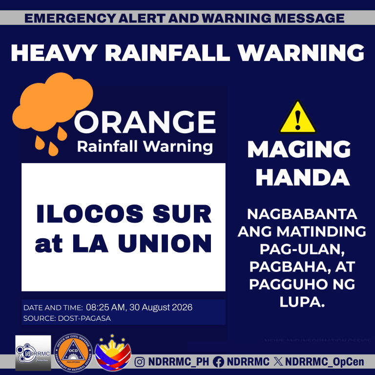 NDRRMC_OpCen's tweet photo. Maging alerto, mga lalawigan ng #IlocosSur at #LaUnion!
NDRRMC(8:25AM,30Aug26)Orange Rainfall Warning sa Ilocos Sur at La Union. Nagbabanta ang matinding pag-ulan, pagbaha at pagguho ng lupa.
#NDRRMC
#BawatSegundoMahalaga
#Heavyrainfall https://t.co/Q8WQvdEIXF