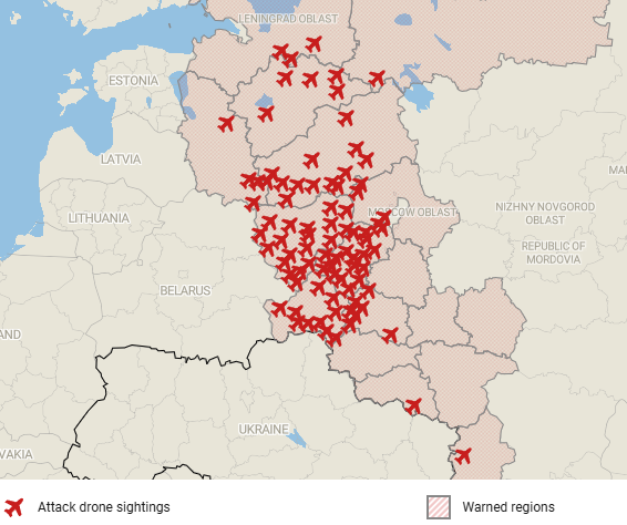 Osinttechnical's tweet photo. Massive Ukrainian attack drone raid ongoing tonight towards St Petersburg. 

Local channels report hundreds of Ukrainian attack drones skirting through far western Russian airspace. https://t.co/NhGSoOjeaP
