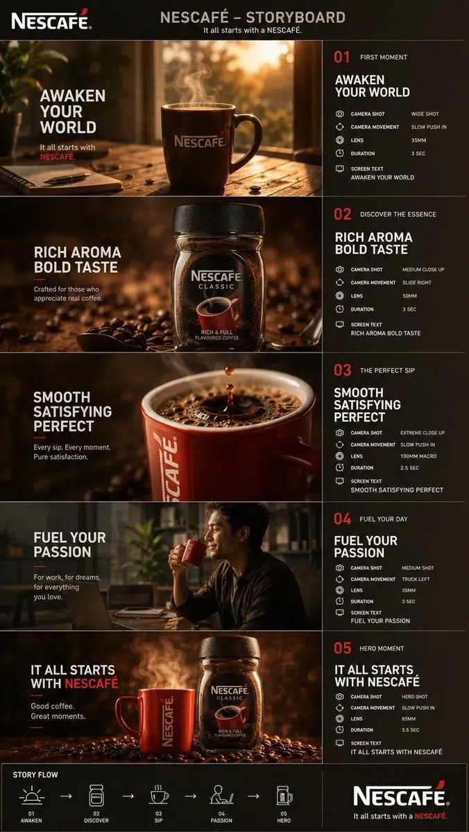 cco_ol's tweet photo. **AI IMAGE PROMPT — NESCAFÉ CLASSIC CINEMATIC STORYBOARD**

Generate **one premium professional vertical storyboard in 9:16 format** for a **NESCAFÉ Classic commercial**, featuring **5 seamlessly connected cinematic scenes** presented as a single cohesive advertising composition.

### CREATIVE DIRECTION

Create the visual language of a **premium global coffee campaign** with:

* NESCAFÉ-inspired red-and-white brand aesthetic
* Apple-inspired minimalist editorial composition
* Luxury FMCG magazine advertising style
* Clean white editorial background
* Sophisticated NESCAFÉ red accents
* Bold modern sans-serif typography
* Generous negative space
* Warm, rich coffee color grading
* Elegant visual hierarchy
* Photorealistic commercial photography
* Premium cinematic lighting

### 5 CONNECTED CINEMATIC SCENES

**SCENE 01 — MORNING BEGINNING**
A beautifully designed modern kitchen at sunrise. Warm golden sunlight enters through a large window. A NESCAFÉ Classic jar sits elegantly on a spotless white countertop beside a premium ceramic coffee cup. Subtle steam rises from freshly prepared coffee. Calm, sophisticated morning atmosphere.

**SCENE 02 — THE POUR**
Cinematic macro close-up of rich, dark NESCAFÉ coffee being poured smoothly into the cup. Capture the swirling liquid, creamy texture, delicate steam and realistic reflections. Use dramatic slow-motion visual language and shallow depth of field.

**SCENE 03 — THE FIRST SIP**
A stylish person takes the first sip of freshly prepared NESCAFÉ coffee in a bright minimalist environment. Natural expression, relaxed confidence, warm sunlight and elegant lifestyle composition. Keep the coffee and emotional moment as the focal point.

**SCENE 04 — MOMENT OF ENERGY**
The same person transitions into a productive modern workspace, focused and inspired. The NESCAFÉ cup remains naturally visible on the desk. Warm sunlight, subtle cinematic depth, clean surroundings and sophisticated editorial framing communicate energy, focus and motivation.

**SCENE 05 — HERO PRODUCT**
A striking premium hero shot of the NESCAFÉ Classic jar beside the finished coffee cup against a pristine white background. Elegant steam rises from the cup. Subtle NESCAFÉ red graphic elements frame the composition. Crisp packaging details, realistic shadows, beautiful reflections and luxury commercial lighting create a memorable final frame.

### VISUAL STORY FLOW

**MORNING → PREPARATION → FIRST SIP → ENERGY → HERO PRODUCT**

Maintain **perfect visual continuity** across all five scenes: same NESCAFÉ Classic packaging, consistent red-and-white branding, warm coffee tones, lighting direction, environment style and cinematic color grading.

### TYPOGRAPHY

Integrate minimal premium editorial typography without overcrowding the composition:

**“START YOUR DAY.”**
**“RICH COFFEE. FULL FLAVOR.”**
**“MAKE THE MOMENT.”**

Use bold contemporary sans-serif typography with precise spacing, clean alignment and sophisticated magazine-style placement.

### CAMERA & RENDERING

Ultra-realistic commercial photography, cinematic 50mm lens, macro product shots, shallow depth of field, HDR, realistic reflections, natural steam, highly detailed coffee texture, crisp product focus, soft cinematic shadows, premium studio lighting, realistic materials, sophisticated composition, ultra-detailed 8K quality.

### FINAL LOOK

The final image must look like a **high-end global advertising campaign storyboard**, combining minimalist editorial design with emotional coffee storytelling. Clean, luxurious, modern, photorealistic, sophisticated and highly polished.

**Aspect Ratio: 9:16 vertical | Ultra HD | 8K | Premium FMCG Advertising**