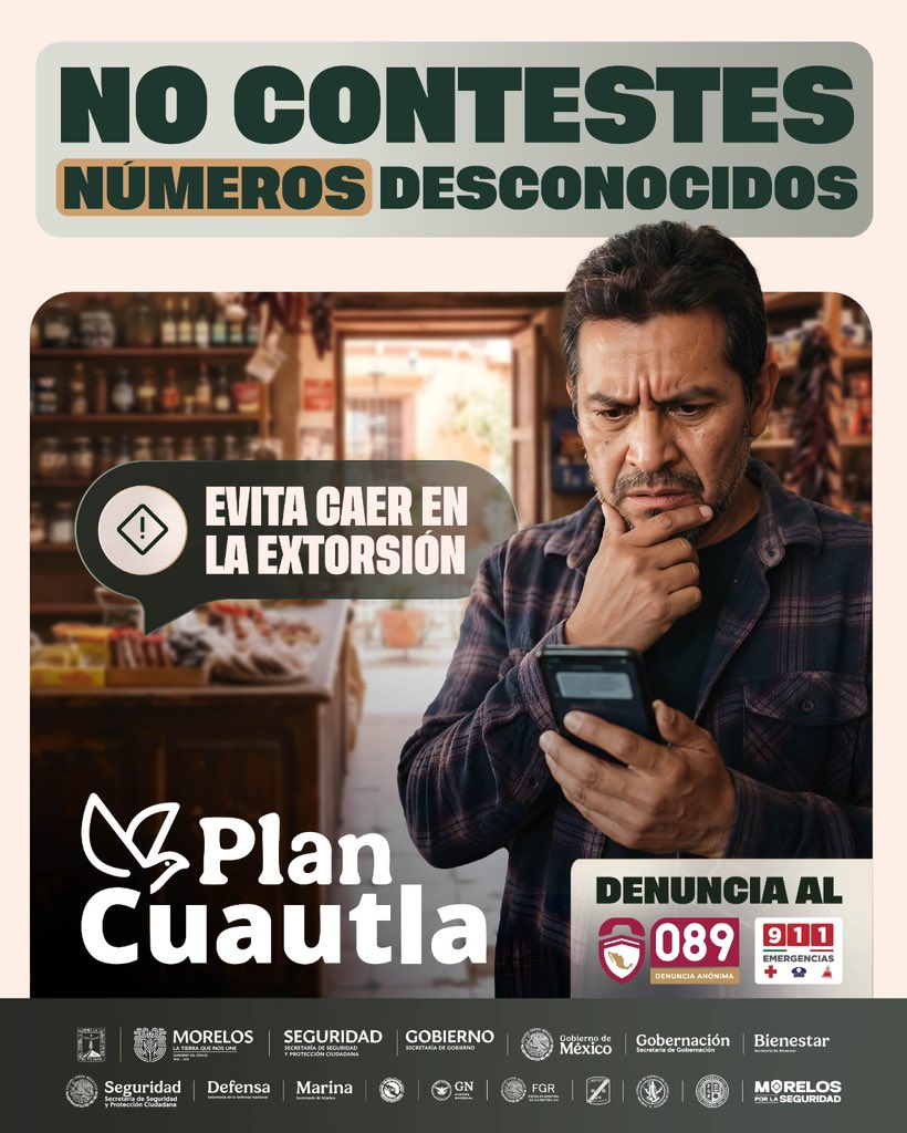 sspc_morelos's tweet photo. La prevención comienza con la información. Conocer cómo operan los extorsionadores, te ayuda a identificar el riesgo, proteger a tu familia y evitar ser víctima de este delito de alto impacto.

#MorelosPorLaSeguridad
#LaTierraQueNosUne https://t.co/r2lI4MNxYN
