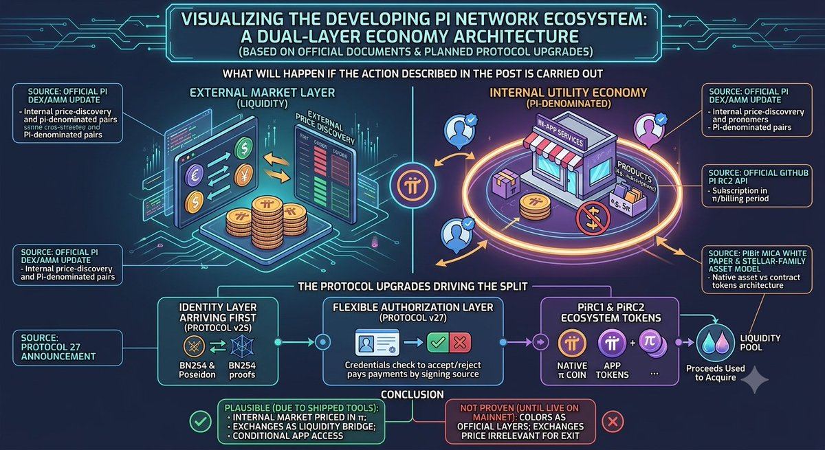 Kamelkadah99's tweet photo. **Is an internal Pi economy separate from the external market impossible? Official sources say no.**

This is not a wish list. It is about layers already described in official documents and protocol upgrades that are not fully live on Mainnet yet.

The community case — internal pricing in π, exchanges as a liquidity bridge, usage rules based on contribution or source, and accounting in units rather than dollars — does not require a miracle. It requires the contract and authorization layer to finish coming online. That is exactly what the network is building.

**1) Internal pricing without the dollar is not a community invention.**  
The official Pi DEX/AMM update organizes liquidity around Pi-denominated pairs. Tokens are priced against Pi, not against fiat. That is an announced internal price-discovery design, even if it is still on Testnet.  
Source: official Pi blog — Pi DEX & AMM Update.

**2) Official contracts themselves do not display a paper-currency value.**  
Official PiRC2 in `PiNetwork/PiRC` defines a subscription as a service price in **π per billing period**. That is a contract specification, not marketing copy.  
Source: official GitHub — PiNetwork/PiRC, PiRC2 Subscription Contract API.

**3) The team left product pricing to supply and demand inside the ecosystem.**  
That fits a utility economy: merchant and buyer agree in π. The external price exists for entry and exit, but it is not a required price tag for every in-app good.  
Source: post-Open Network design, plus App Studio and fees denominated in π.

**4) Account- and app-level authorization is being built into the protocol.**  
Protocol v27 — targeted for Mainnet on 15 September 2026 — adds more flexible ways for accounts and applications to authorize transactions. That is the engineering point where a payment can be accepted or rejected by credential, proof, or signing source without rewriting the ledger.  
Source: @PiCoreTeam announcement on Protocol 27.

**5) The identity layer is arriving before the full market layer.**  
Protocol v25 introduced BN254 and Poseidon to support proofs without exposing all underlying data. That makes it possible for apps to distinguish a verified contributor from a pass-through user.  
Source: official Pi blog — Protocol v25.

**6) Tokens on top of the coin are part of the official model.**  
PiRC1 and the ecosystem-token design separate **native PI** from app tokens. Proceeds used to acquire those tokens go into the liquidity pool. That is a structural admission that the network is not limited to one undifferentiated asset.  
Source: Open Network Anniversary blog + PiNetwork/PiRC.

**7) A Stellar-family architecture allows a technical split.**  
In this model there is a native coin, issued assets, and contract tokens. Listed PI today is the native asset. A token layer with different usage rules can still sit on top of it if a contract and bridge are deployed. That is asset anatomy, not folklore.  
The MiCA paper itself describes PI as the native fungible asset of the Layer-1 chain, while leaving applications free to set service rules.  
Source: PiBit MiCA white paper + this family’s asset model.

**8) Decentralization is incomplete. That is why early dismissal is unscientific.**  
Upgrades are still a central schedule. SuperNodes do not yet set issuance policy. An independent mint contract for a restricted layer has not been adopted as public protocol policy. A final verdict before that layer is live is a verdict on an unfinished stack.  
Source: the 19→28 upgrade path, node/SuperNode documentation, and Protocol 28 still listed as TBD.

🧵🧶🧵🧶🧶
#PiNetwork #PiDEX #PiRC #Protocol27 #Mainnet #Web3