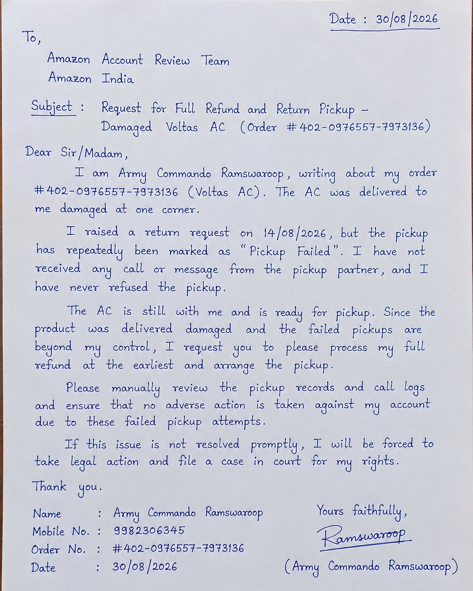 nain_ramswaroop's tweet photo. Amazon Account Review Team

Amazon India

Subject: Request for Full Refund and Return Pickup Damaged Voltas AC (Order #402-0976557-7973136)
@amazon https://t.co/BKgtgOcN1x