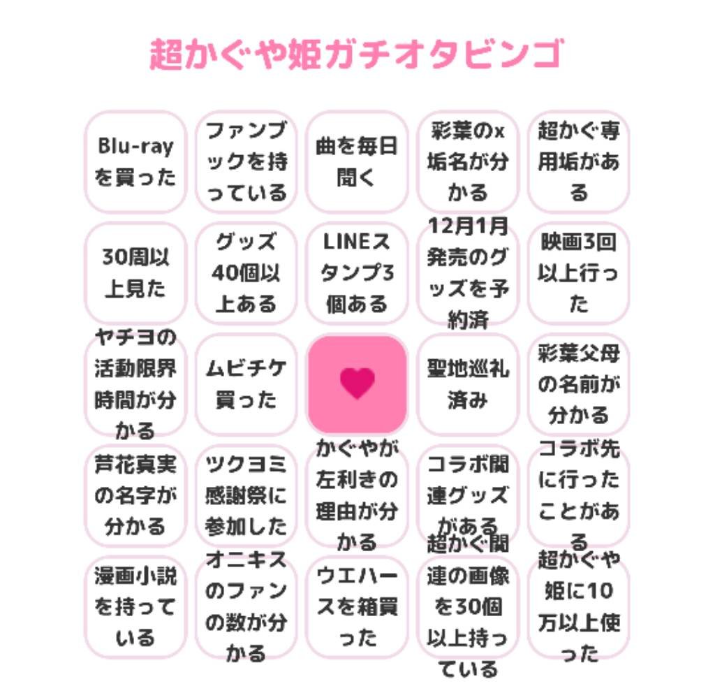 eh39hEre7f91239's tweet photo. 超かぐや姫ガチオタビンゴ作った！
やってみてくれると嬉しい！
#超かぐや姫 #超かぐや姫好きと繋がりたい https://t.co/sbh87vJ66k
