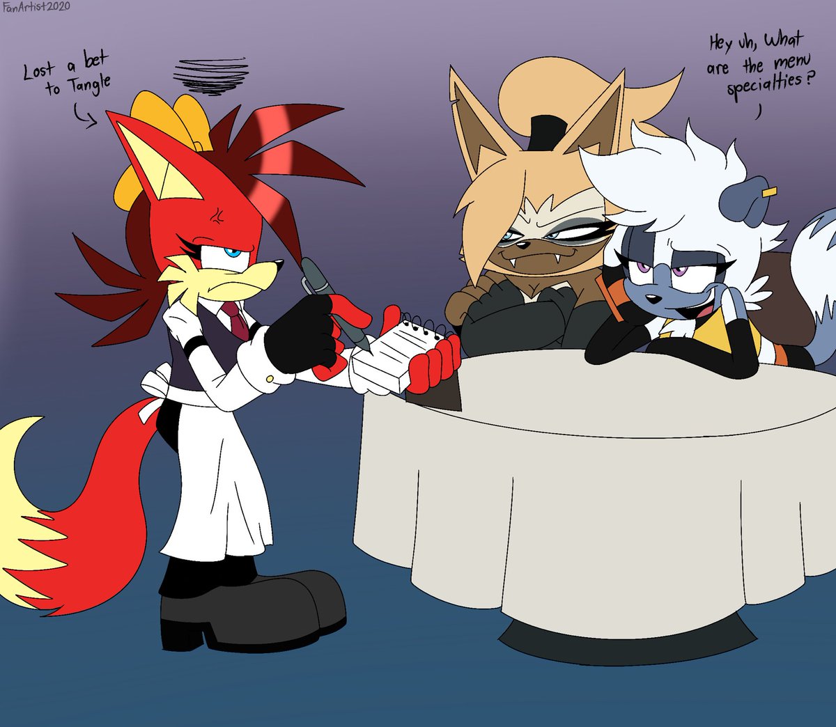 FanArtist2020's tweet photo. Check please? 

#SonicTheHedgehog #archiesonic #SonicIDW #fionafox #fionathefox #tanglethelemur #whisperthewolf https://t.co/99pnmYx0as