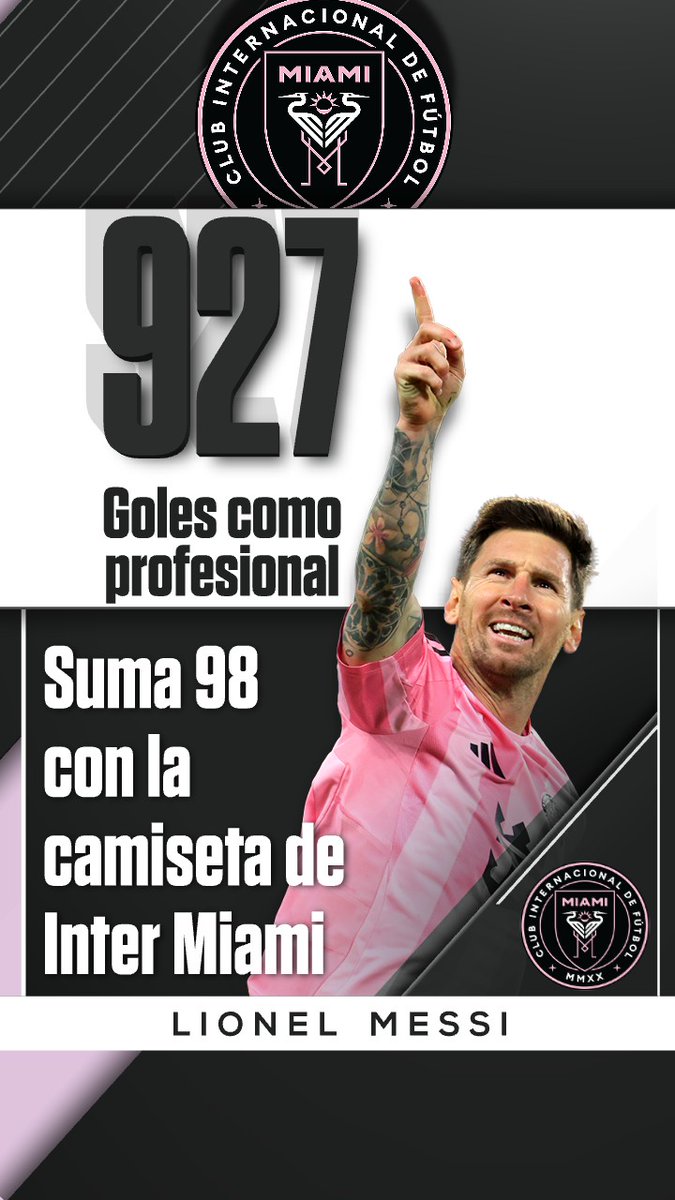 SC_ESPN's tweet photo. Con su PÓKER ante CF Montreal, en el 7-1 del Inter Miami por la #MLS, Leo Messi llegó a los 927 goles en su carrera profesional. El único que lo supera es Cristiano Ronaldo, con 978, pero habiendo jugado162 partidos más. https://t.co/QuZvRfKorR