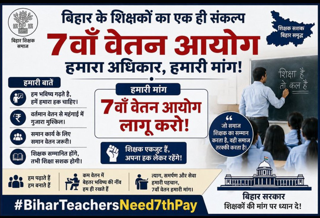 Exam_Ways's tweet photo. शिक्षक के आर्थिक भविष्य को मजबूत करना शिक्षा व्यवस्था में निवेश जैसा है। 7th Pay Commission के अनुरूप न्यायपूर्ण वेतनमान पर सरकार सकारात्मक पहल करे। @samrat4bjp @mkrtiwari_bjp @BiharTakChannel
#BiharTeachersNeed7thPay https://t.co/mkAXUPuJjG