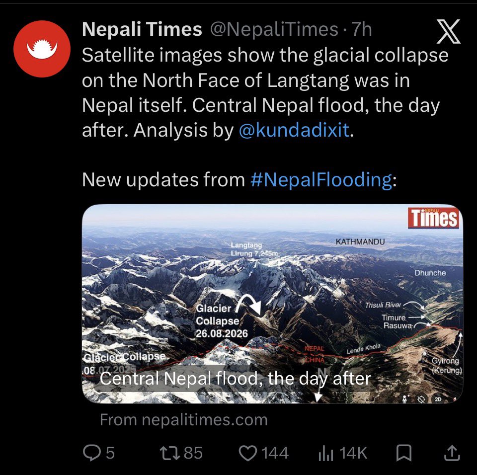 DZo2z6's tweet photo. @NikkeiAsia IIt’s sad that Nikki has degraded itself to a gutter level requiring a community note!

It should NOT matter, but the glacial broke on the Nepal side jammed a river bordering Nepal and China in seconds

This malicious post has been reported to X. https://t.co/FLlPxNFEJW