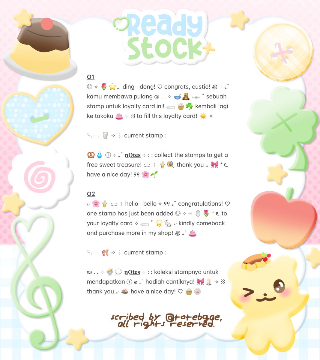 totebgae's tweet photo. help rt, plz? thanks a lot! ♡

🌟🌱 𖦹 ⊹ . . g’day, heavenlings! 𓈃 🌸💧 ˚ ⸝⸝ aku punya 3 wording loyalty card ꔛ 🍦🧺 ⊹ 𓂅 dengan harga : Rp5.500! 𓈄 ˚ 🍮🥣 kindly @ me after dm! ୨୧ 🎀🍀

🧸 —— #bealanja https://t.co/WCSEkE65FX
