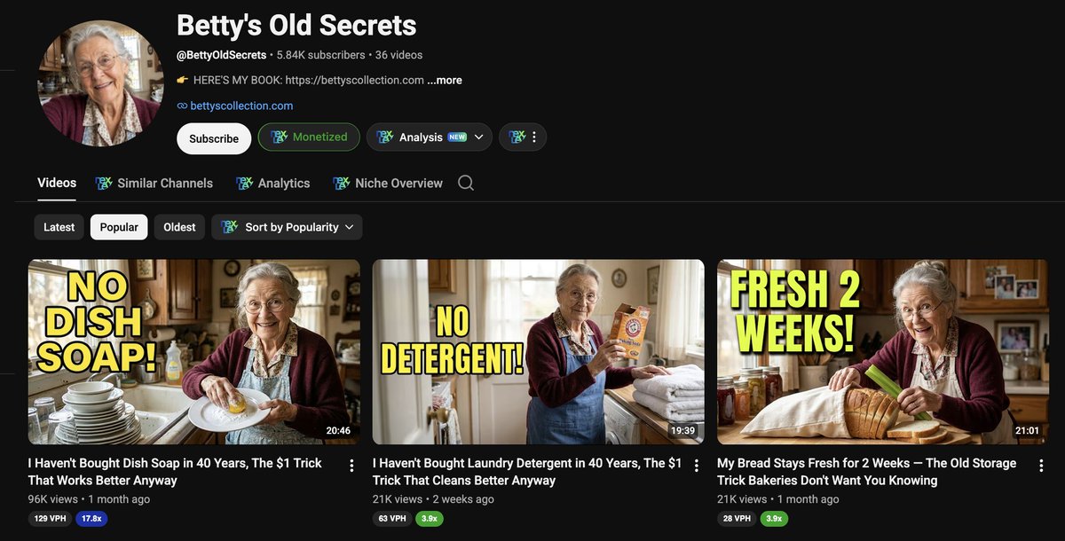SubscribrAI's tweet photo. Kids are making $10,000 a month telling Americans about cleaning tricks they already know.

Betty's Old Secrets is 36 videos deep. 5,840 subscribers. 198,804 total views. Ebook attached.

The top video pulled 96,000 views. "I Haven't Bought Dish Soap in 40 Years, The $1 Trick That Works Better Anyway." 20 minute video. 17.4x the channel average.

3 more outliers running the same formula.

"I Haven't Bought Laundry Detergent in 40 Years." 21,000 views.

"My Bread Stays Fresh for 2 Weeks — The Old Storage Trick Bakeries Don't Want You Knowing." 21,000 views.

"I Wash My Entire House With One Ingredient, Costs $2 and Lasts 6 Months." 15,000 views.

Every video uses the same first person frugal grandma formula. Dollar hook. Anti-corporate framing. 40 years of experience the audience can never verify. The character does not exist. Nobody cares.

The tricks in every video have been on Reddit, in old cookbooks, and in your grandmother's head for 60 years. Every American already has access to them. Nobody put them in a package the algorithm would push.

Betty did. Now she gets paid.

The playbook.

Step 1. Build a frugal grandma character. No credentials required.

Step 2. Same first person title formula. "I Haven't Bought X in 40 Years — The $1 Trick That Works Better."

Step 3. 18 to 22 minute long form video length.

Step 4. Attach a $47 ebook from video 3.

Step 5. Ship 2 to 3 videos a week. Ride the first 5x outlier.

Package free wisdom. Wrap it in a character. Ship the videos. Take the money.