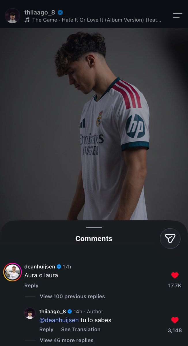 theMadridZone's tweet photo. 📲 Dean Huijsen’s comment on Thiago Pitarch’s IG post: “Aura or laura”. 🤣 https://t.co/6z5WRrUvyW