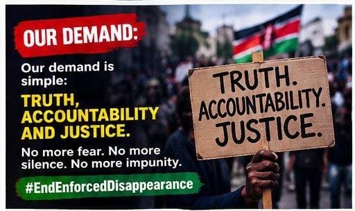 AtienoRoselie's tweet photo. We stand united in breaking the silence and demanding complete truth, accountability, and justice to end enforced disappearances once and for all.
#Hakikwawote
#IPOA
#KNCHR
#EndEnforcedDisappearrancesKe https://t.co/PtsRkGxI3k