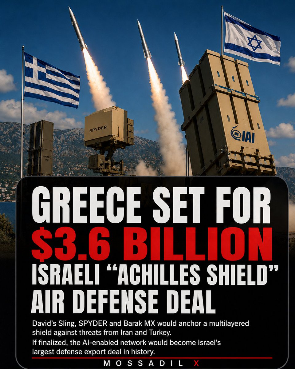 MOSSADil's tweet photo. 🇬🇷🇮🇱 REPORT: GREECE SET FOR $3.6 BILLION ISRAELI “ACHILLES SHIELD” AIR DEFENSE DEAL

Greece is reportedly preparing to sign a $3.6 billion agreement with Israel for a multilayered air-defense network aimed at threats from Iran and Turkey.

The system is expected to combine David’s Sling, SPYDER and Barak MX, along with a national command-and-control center modeled on Israel’s own network and incorporating AI capabilities.

If finalized, the deal would reportedly become the largest defense export agreement in Israel’s history.