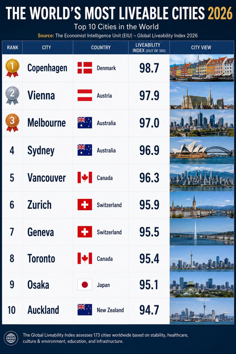 WorldSignal11's tweet photo. The Economist’s 2026 Global Liveability Index is out.
Copenhagen takes #1 again (98.7), followed by Vienna and Melbourne. Sydney, Vancouver, Zurich, Geneva, Toronto, Osaka and Auckland round out the top 10.
Two Australian cities, two Canadian, two Swiss. Osaka is the only Asian city to make the cut.
Would you actually move to any of these?