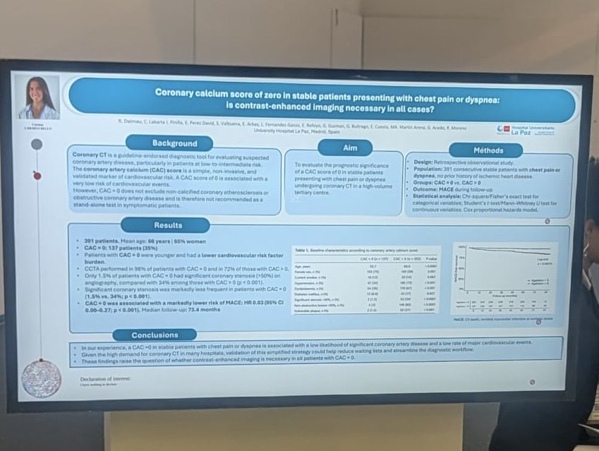carmen_labarta's tweet photo. Is contrast enhanced CTTA always necessary in symptomatic patients with CAC=0? 

🎯CAC=0 showed a significantly lower rate of MACE compared to CAC>0 patients (HR 0.03).
n=391; median follow-up 73 months

Congratulations @reginadalmau on such interesting work!! #ESCCongress2026 https://t.co/a3gk2Fd2Fl