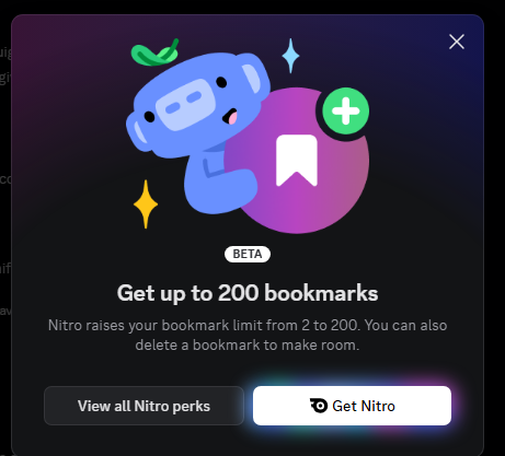 creepymckat's tweet photo. "raise your bookmark limit from 2 to 200 🤗" Your end is near, Discord. https://t.co/JuCPjVR71y