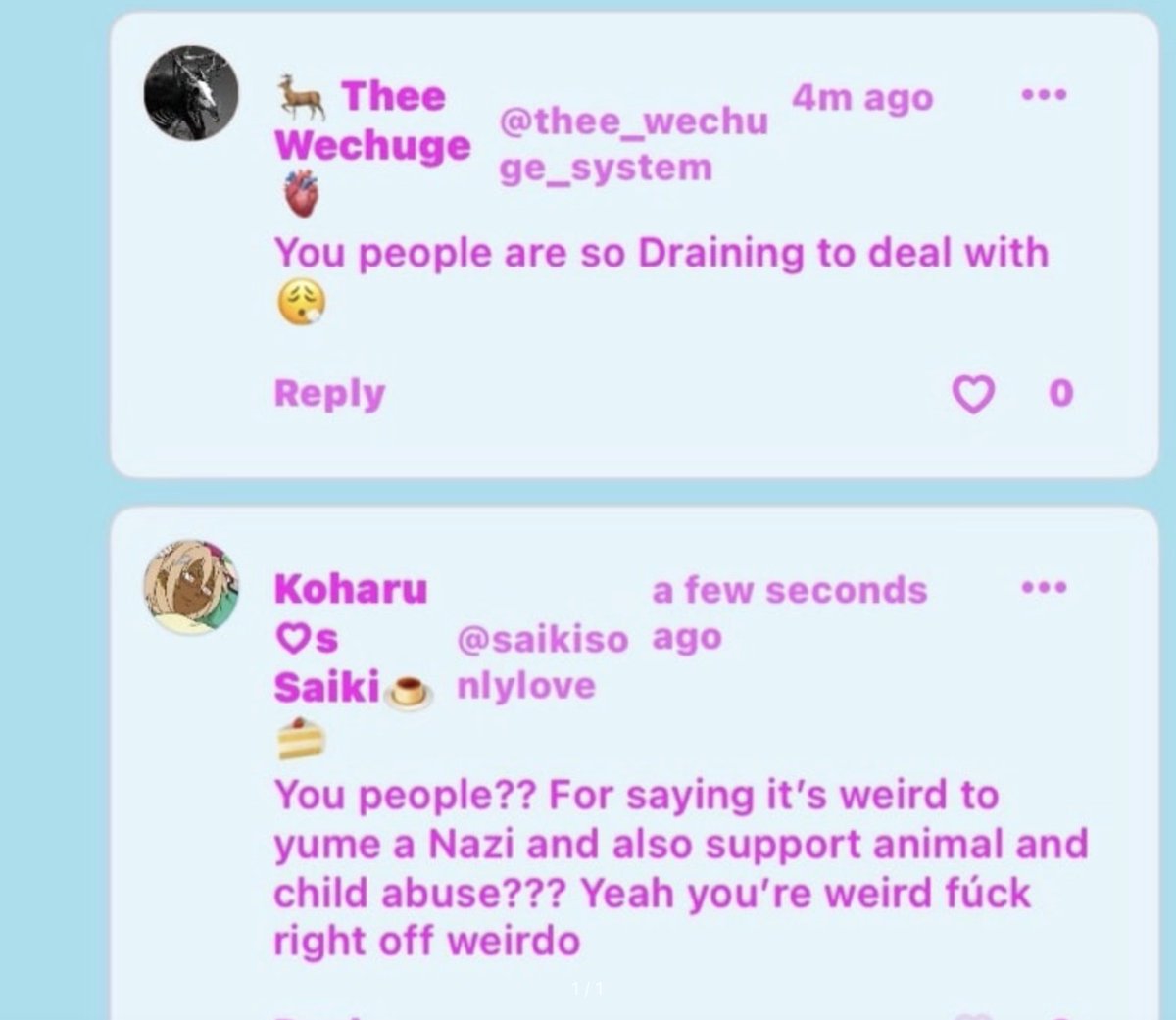 longanenthusiat's tweet photo. honestly, there's a lot of drama going around but the yumeshipper/yumeship app 'drama' pmo. the admins dismissing a nazi self-shipper, the fact there's two pedos and both 'anti-contact' and they're calling it 'allegations' and 'drama'. here's the screenshots. 1/? https://t.co/HoefXouBgb