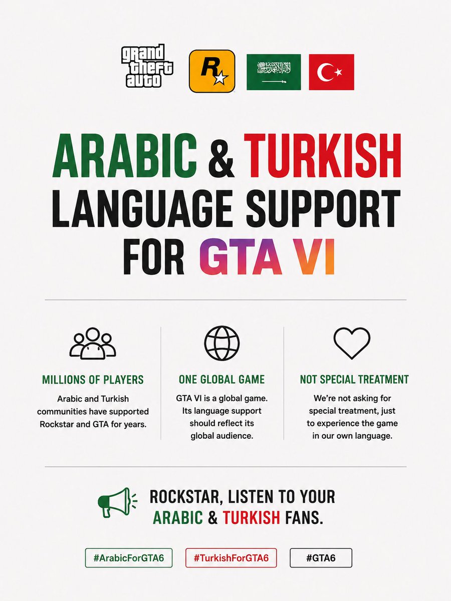 jessmau23's tweet photo. Arabic and Turkish language support in GTA VI would mean a lot to millions of players. 🇸🇦🇹🇷🎮

Both communities have supported GTA for years, and being able to experience the game in their own language would make the experience even more immersive.
It’s a simple request, but an important one.

Rockstar, listen to your global community. 🌍
#ArabicForGTA6 #TurkishForGTA6 #GTA6