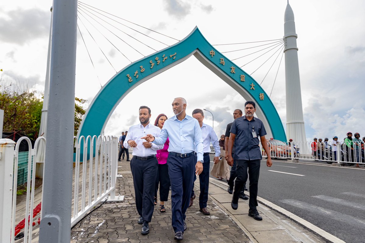 MIHUDmv's tweet photo. H.E. President Dr. Mohamed Muizzu, Minister of Infrastructure, Housing and Urban Development Dr. Abdulla Muththalib, Minister of Foreign Affairs Iruthisham Adam, and H.E. Ambassador Kong Xianhua of the People’s Republic of China visited the China-Maldives Friendship Bridge today to mark its 8th anniversary.

Inaugurated on 30 August 2018, the bridge stands as a lasting symbol of the enduring partnership between the Maldives and China.