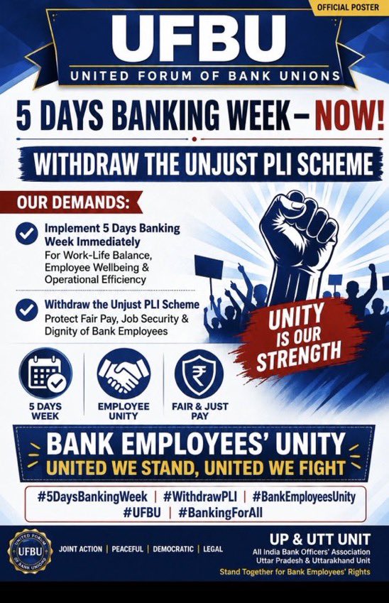BOIOAMediaUPUTT's tweet photo. Unity is our strength! ✊

Implement 5 Days Banking now and withdraw the unjust PLI scheme. Bankers deserve work-life balance, fair pay and dignity.

United we stand. United we fight!

#5DayWeekandFairPLI @PMOIndia @nsitharaman @nsitharamanoffc @DFS_India @BJP4India https://t.co/OK8zYpPYTP