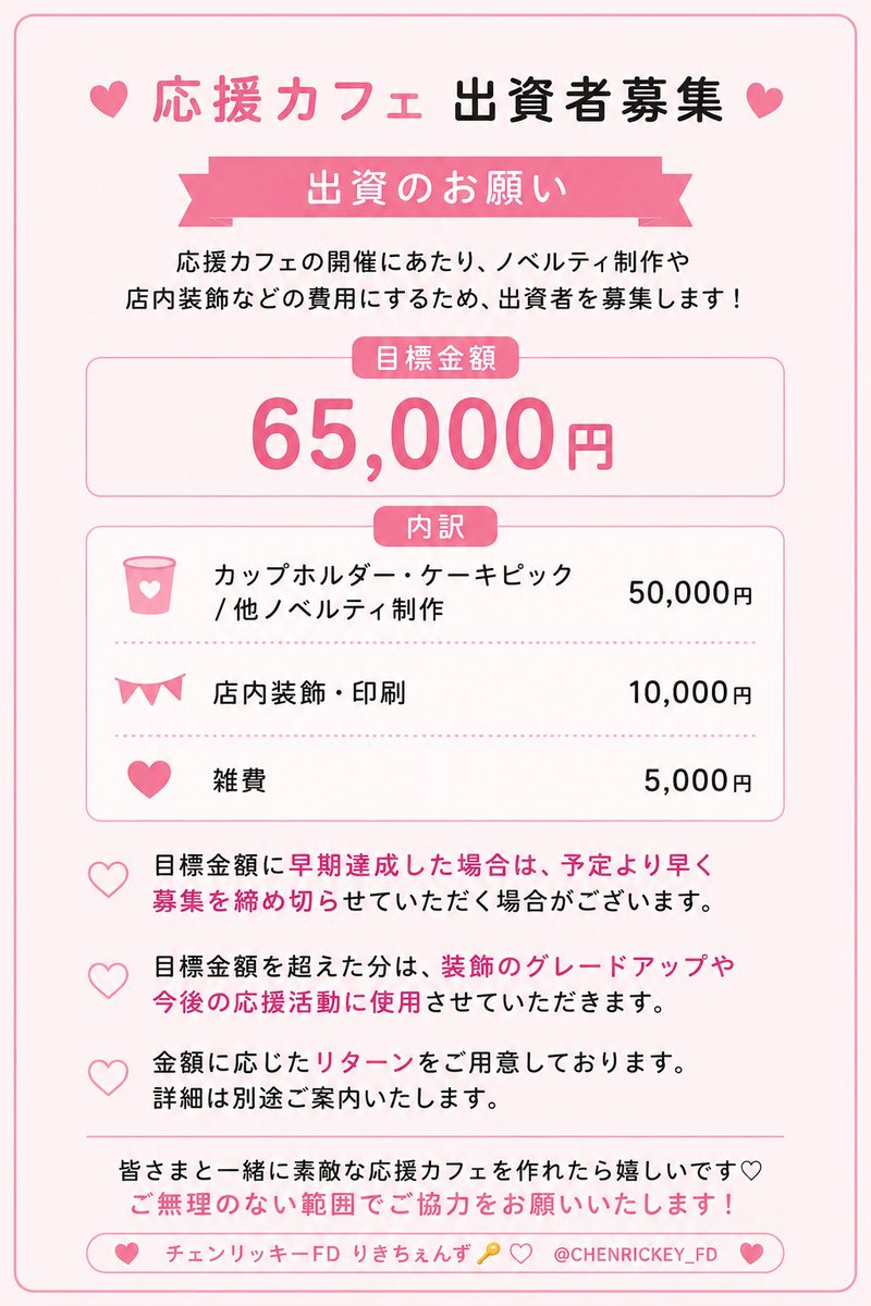 CHENRICKEY_FD's tweet photo. 🎀 応援カフェ 出資者募集 🎀

第2弾応援カフェの開催において、ノベルティ制作・店内装飾等にかかる費用として、皆さまからのご出資を募集いたします🔑💗
《ご入金・フォーム入力は9月1日からお願いいたします⚠️》

【💡目標金額】
65,000円
※目標金額に達しない場合も、規模を調整したうえで開催いたします。
※開催は10月23・24日に大阪・鶴橋の開催を予定しています。

【🗓募集期間】
9月1日〜9月10日
※早期に目標額に達した場合は、期限を待たずに終了する場合がございます。

【出資区分】
500円／2,000円／3,000円／5,000円

【🏦お支払い方法】
・PayPayマネー
・銀行振込
※500円コースのみ「PayPayマネーライト」でのお支払いが可能です。

__________________________________

🎁 各出資区分のリワード(特典)や、送金先・注意事項等の詳細は、下記の概要を必ずご確認ください。

🔗【出資についての詳細はこちら👇】
→https://t.co/mejTP7FnL0

📝【ご入金後 申請フォーム🔑💗】
→🔗https://t.co/JXbTO5j23G
(概要リンク内からも飛べます◎)

⚠️重要
ご入金・ご送金後は、必ず申請フォームへの入力・送信をお願いいたします。

《複数口でのご出資も可能ですが、ご出資いただくリワードのコースごとに1回ずつフォームへのご入力をお願いいたします。(500円コースの〜3口までは除く)》

※本企画は、ファン有志による非公式の応援企画です。
※出資の受け付け、リワード発送対応ともに日本国内のみとなります。
※開催中止の場合を除き、ご入金後のキャンセル・返金は原則いたしかねます。

皆さまと一緒に素敵な応援カフェを作れたら嬉しいです🎀
ご無理のない範囲で、ご協力いただけますと幸いです。

どうぞよろしくお願いいたします🔑💗