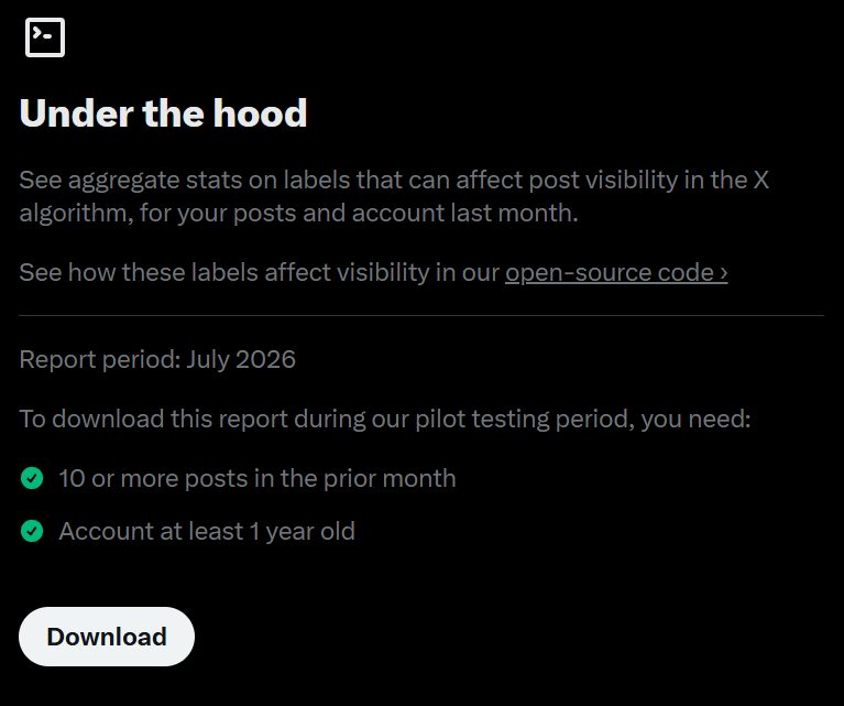 Grummz's tweet photo. X now lets you see what labels you have on your account that might suppress your reach. It's a pilot test so you might now be able to grab this yet, but many can.

Go to: https://t.co/jV7N21oSnS

Download and see. If you need help with JSON, ask AI.

I have no labels. https://t.co/gyFI99lUt0