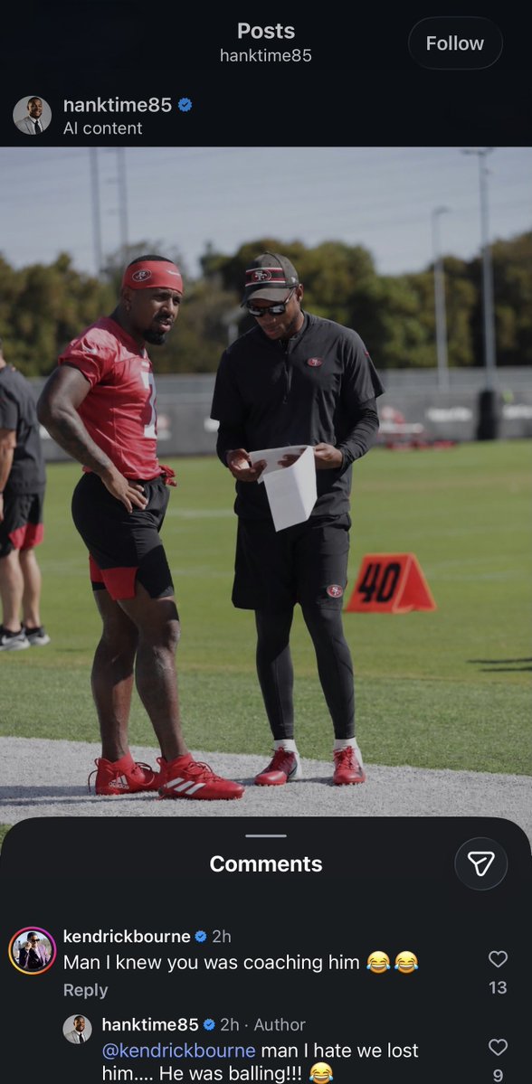 MLFootball's tweet photo. 🚨🚨THIS IS HILARIOUS🚨🚨

#49ers WR coach Leonard Hankerson posted an photo of himself “coaching” viral fake 49ers player Daejon Love.

#NFL WR Kendrick Bourne responded: “Man I knew you was coaching him”

Hankerson: “Man I hate we lost him…. He was balling!!!”

🤣🤣🤣🤣🤣🤣🤣 https://t.co/SjUmGaPGLv