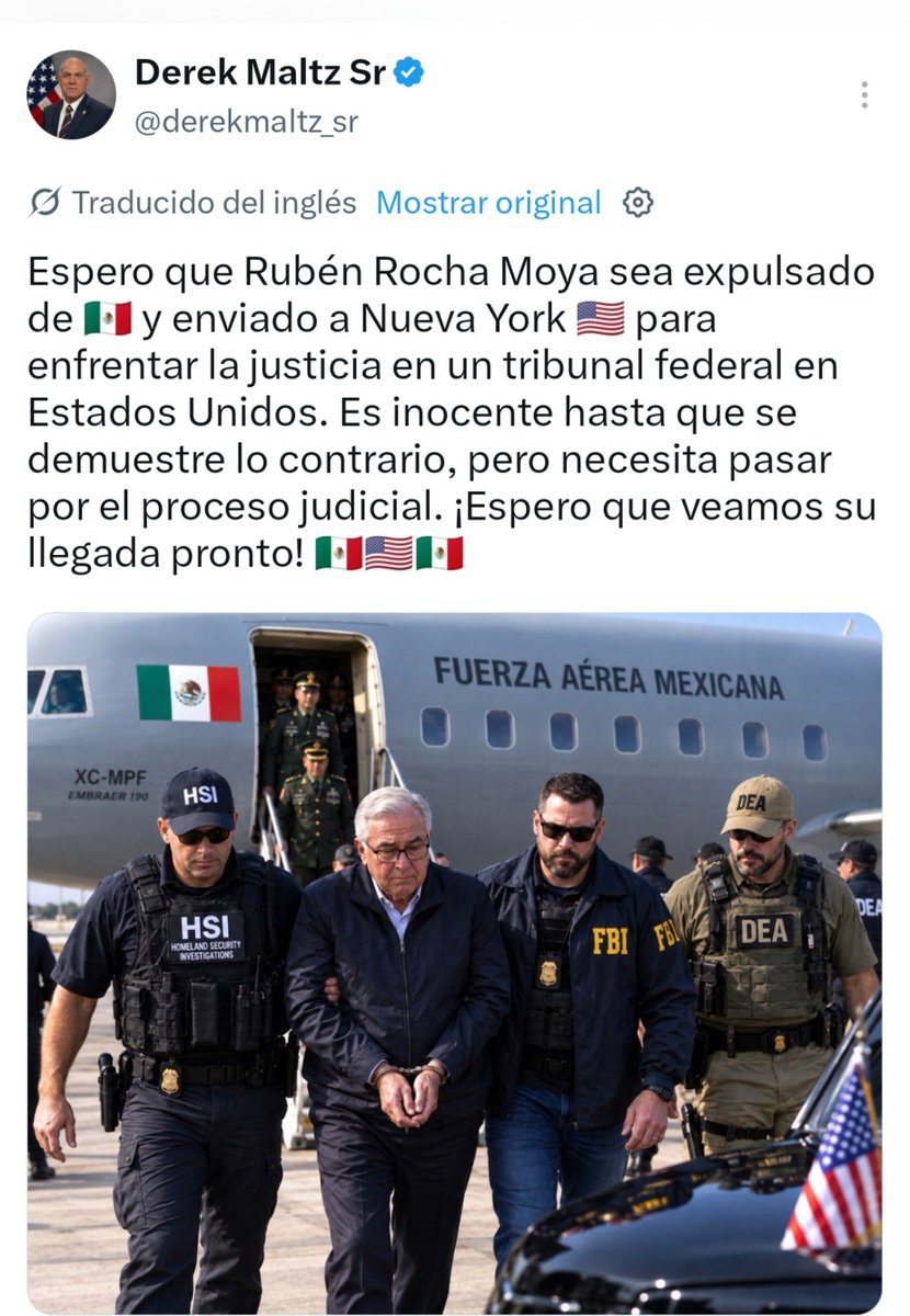 MLopezSanMartin's tweet photo. Exdirector de la DEA muestra a Rocha Moya detenido

Derek Maltz difunde una imagen generada con inteligencia artificial del gobernador de Sinaloa esposado

“Necesita pasar por el proceso judicial”, sostiene el exfuncionario estadounidense https://t.co/yAz0i5C6dc
