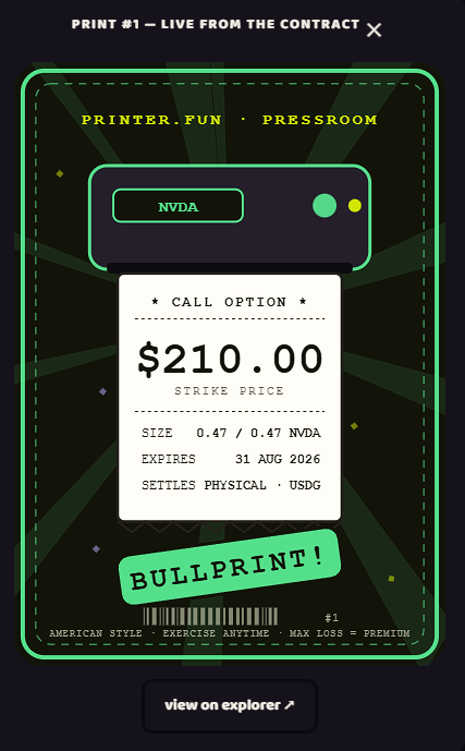 btcordinal's tweet photo. we don't do roadmaps, so we built the first Options Trading platform on Robinhood for tokenized Stocks, its live and funded to get it started
https://t.co/mCBkp1x3zK

your BULLPRINTS AND BEARPRINTS NFTs can be traded here
https://t.co/v3Y6zd8Iy8

Fees go back into the MACHINE/PRINTER flywheel

We get bigger, stronger, every, DAY🚀🔥

Join discord to give me feedback or understand how Option trading works!
https://t.co/BALEpVLM2M
