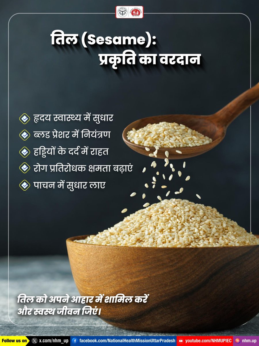 nhm_up's tweet photo. तिल आपके स्वास्थ्य के लिए है अनमोल तोहफा! 💛🩺

Sesame Benefits | Blood Pressure Control | Immunity Boost

#SesameSeeds #HeartHealth #BoostImmunity https://t.co/tFrHONu22F
