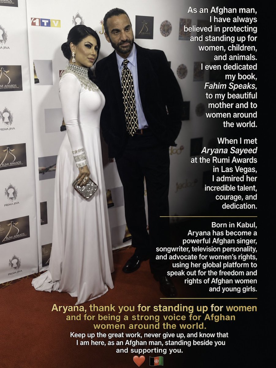 fahimfazli's tweet photo. As an Afghan man, I have always believed in protecting and standing up for women, children, and animals. I even dedicated my book, Fahim Speaks, to my beautiful mother and to women around the world. When I met Aryana Sayeedat the Rumi Awards in Las Vegas, I admired her incredible https://t.co/mf5gMBOP1i