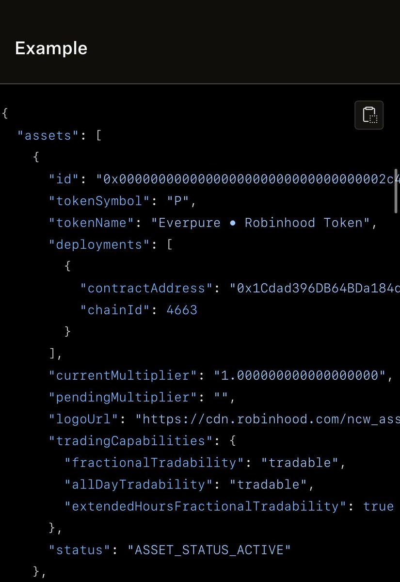 MaureliusRH's tweet photo. I might have just found something very good and I don't even know how it's at 30K right now.

In the official Robinhood docs there's a coin under the Example section that they listed in it.
https://t.co/mRbUmoyLKA

If you scroll down to where it says "Example" There are two  name, ticker, and contract addresses.

This is in the Stock Token API's section of their docs and the coin factory is marked as "RWA".

Robinhood deployed both of these:

Everpure Robinhood Token: 0x1cdad396db64bda184d5182a97dd9b3c62100b7d

Applied Digital Robinhood Token:
0xb8dbf92f9741c9ac1c32115e78581f23509916fd