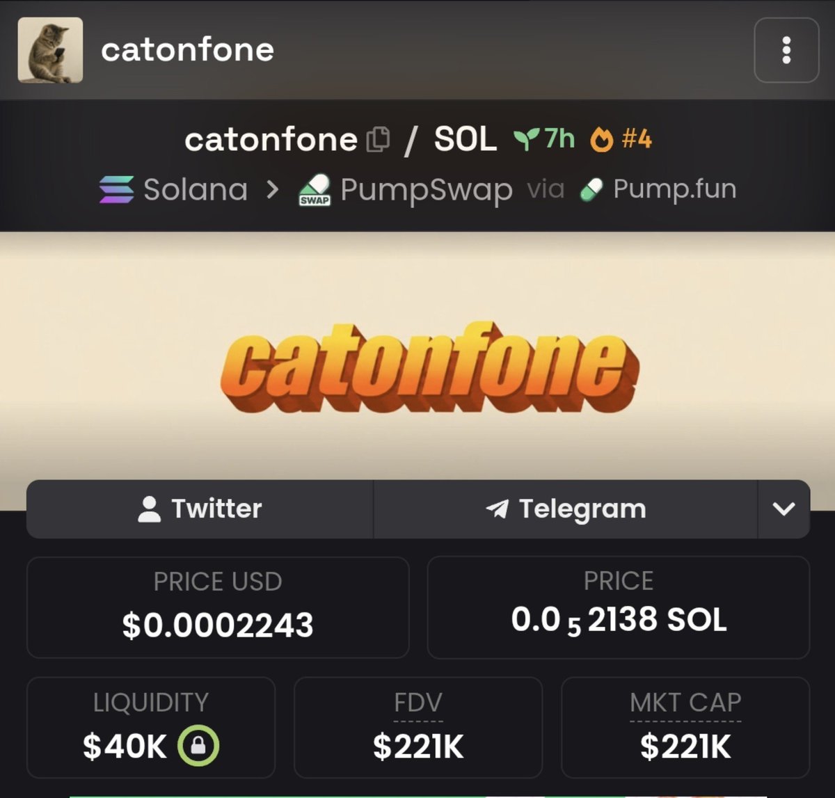 NOO0BTrader's tweet photo. Scam Alert ⚠️ 📢 

$catonfone is a rugpull, dev sniped 79% supply and sold 10% and still holding 69% supply which he is using as a farm. https://t.co/jLbODq2v8y