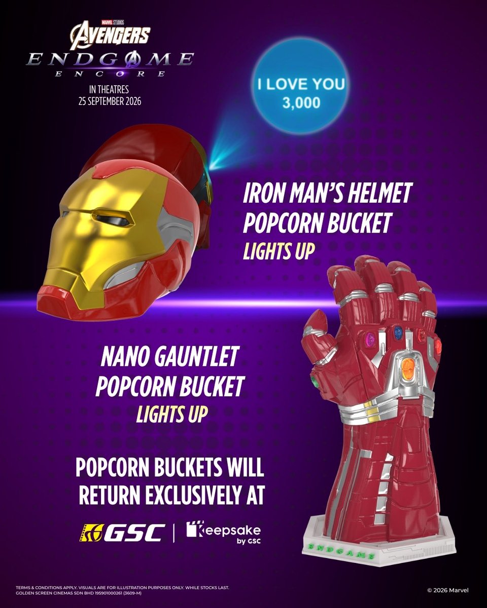 GSCinemas's tweet photo. 🔥 “I am Iron Man.” 🔥
Relive the greatest cinematic event with 2 brand-new popcorn buckets coming your way, exclusively at Keepsake by GSC🍿🦸♂️✨
Stay tuned for more updates… 👀⚡
#AvengersEndgameEncore #AvengersEndgame #Avengers #InfinityVision #MarvelStudios https://t.co/I0NnKChgM0