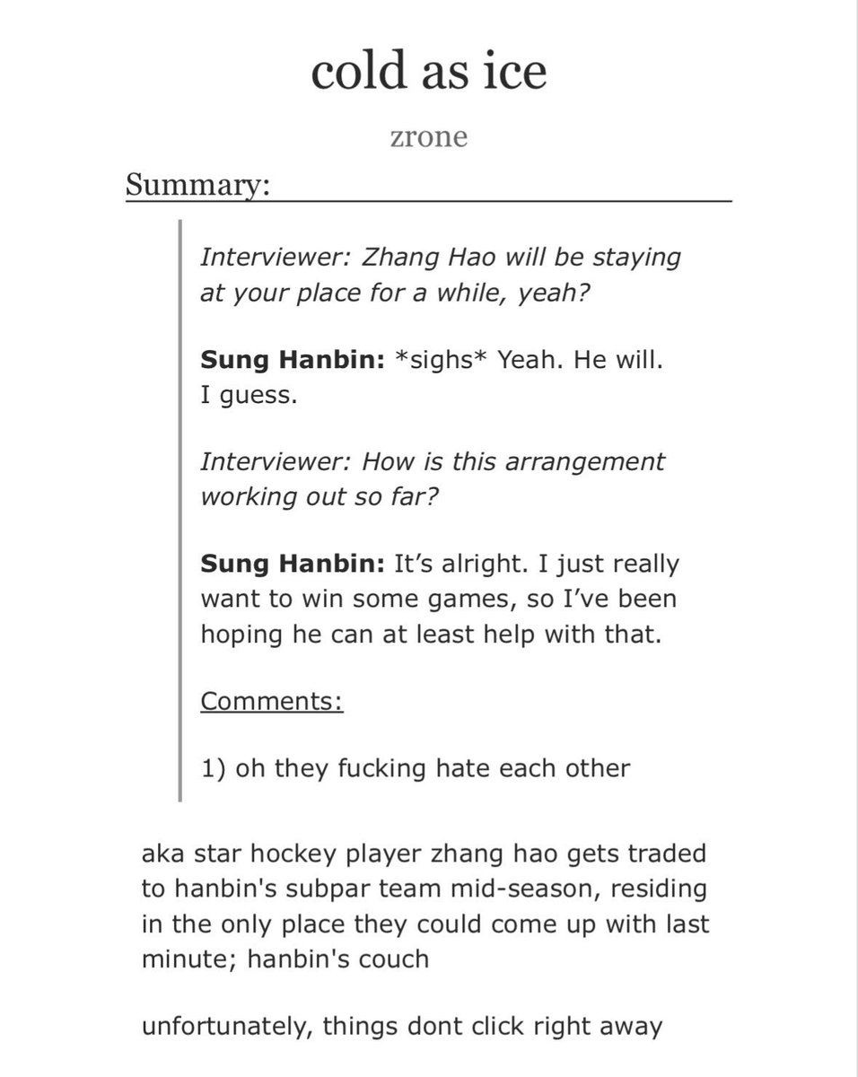 binhaorot's tweet photo. cold as ice
- bnb
- chap 10/14 - 61.3k (+6.6k) 
- hockey au, enemies to lovers
- neul gets traded midseason, forced to sleep on bin’s couch
- slow burn, angst, fluff, and humor

ao3 link - https://t.co/UNWCwxU9QY https://t.co/f49CVSIRbN