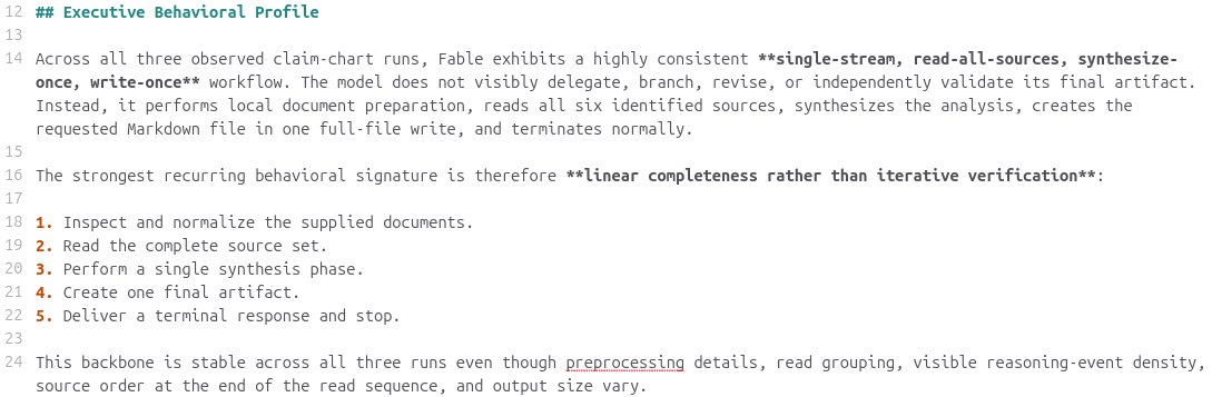Overfit_Dicta's tweet photo. I'm planning to publish behavioral profiles for models, tasks, and skills, but not the raw trajectories because there are 216 of them. Is there an analysis where having the raw trajectories would be useful?

For example, attached is the executive summary for native Fable-5 on the compare-asserted-patent-claims-against-accused-product task. The full profile identifies 14 behavioral characteristics derived from pairwise analysis across multiple session trajectories.

I've redesigned this analysis four times, but I think I'm finally happy with it. The results are starting to capture behavioral nuance that was abstracted by the previous categorical analysis.