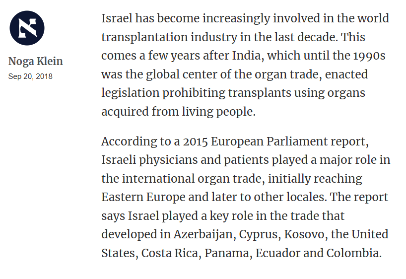 Very_0wn's tweet photo. Israel Became Hub in International Organ Trade
"According to a 2015 European Parliament report, Israeli physicians and patients played a major role in the international organ trade, initially reaching Eastern Europe and later to other locales." https://t.co/Z1UWD3jtSh