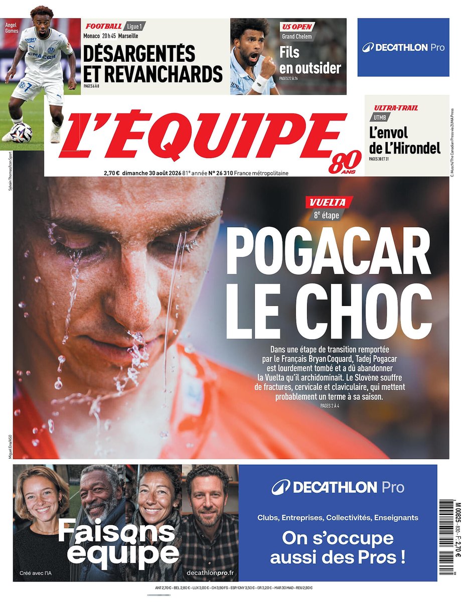 lequipe's tweet photo. 🗞️ La une du journal L'Équipe du dimanche 30 août 2026
Pour lire votre édition➡️ https://t.co/Kz5GCED3By https://t.co/ogqbL4DZFh