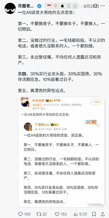 zuiowqeys's tweet photo. Five pieces of advice from a formerly ultra-wealthy man who lost it all:

First, don't change your house, don't change your car, and don't change your partner. Keep everything as it is.

Second, never invest a single penny in an industry you've never worked in. Don't pick up calls from unknown numbers or people you haven't talked to in a long time.

Third, keep your mouth shut at all times. Never reveal your current situation or total assets to anyone.

Fourth, allocate 30% into industry-leading blue-chip stocks, 30% into government bonds, 30% into demand deposits for emergencies, and keep the remaining 10% for daily living expenses.

Fifth, stay far away from attractive members of the opposite sex.