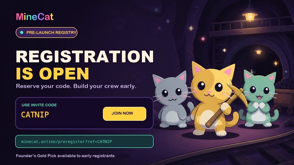 minecatonline's tweet photo. MineCat pre-registration is now OFFICIALLY open!

Claim your own custom code, claim your limited-edition pickaxe, and explore the mines!

Check us out: https://t.co/EzyvH1wXTL

Need a code? 
Use someones referral invite code below: https://t.co/3vXYk11Rk4