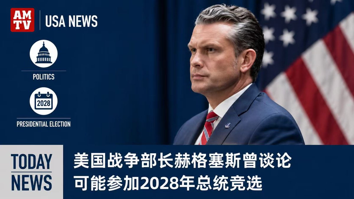 UsaAmtv's tweet photo. 美国战争部长赫格塞斯曾谈论可能参加2028年总统竞选。据两位消息人士透露，美国战争部长皮特·海格塞斯（Pete Hegseth）正在探讨于2028年竞选总统的可能性，他还曾向密友及身边人士流露过竞选总统的想法。此外，赫格塞斯本月在美国爱荷华州出席的一场活动也引发了外界的猜测。 https://t.co/ciWdshJarx