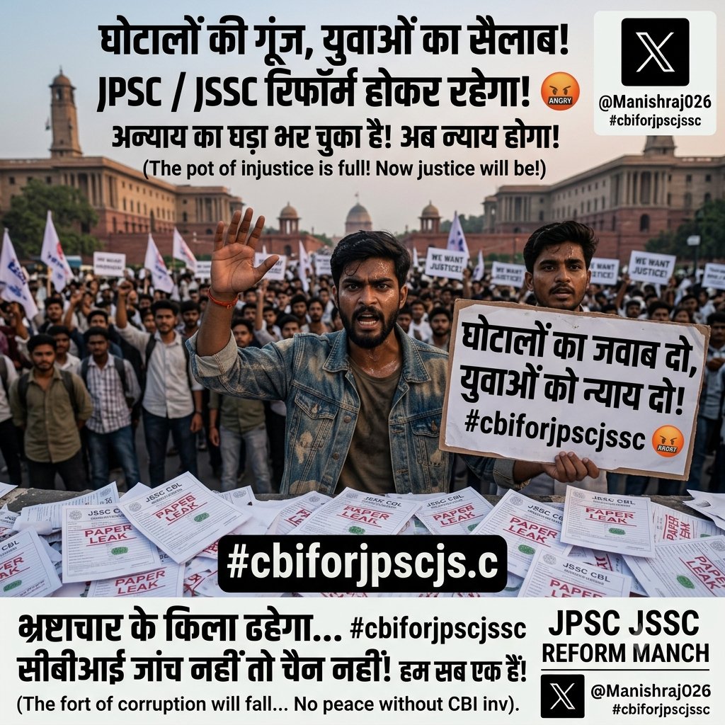 Manishraj026's tweet photo. JPSC और JSSC ने झारखंड के लाखों युवाओं के सपनों का कत्ल किया है! 💔 यह आक्रोश तब तक शांत नहीं होगा, जब तक CBI जांच के जरिए हर एक दोषी को सलाखों के पीछे नहीं भेजा जाता। दलालों को बचाना बंद करो सरकार! 🔥✊ #cbiforjpscjssc @Manishraj026 https://t.co/321ivX9yL6