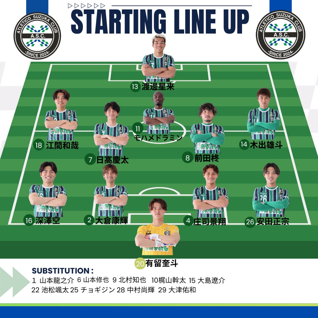 ASC_2024's tweet photo. 🔥スターティングメンバー発表🔥

VS ワイヴァン知立

⚔全員で戦い抜こう！
熱い応援よろしくお願いします！！

#アトレチコ鈴鹿 #ASC https://t.co/n4KvoBNkha