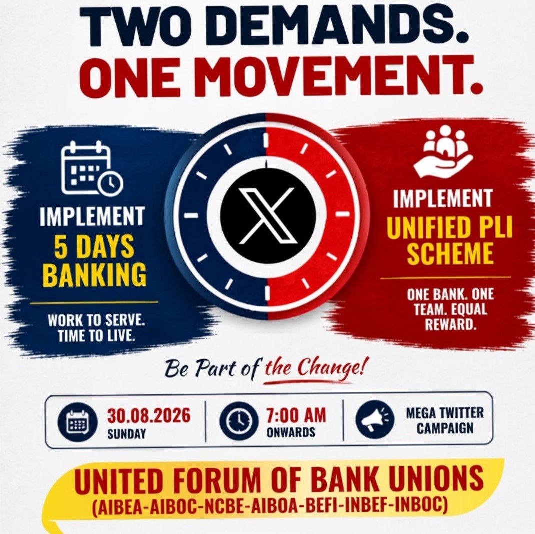 RamuAtikyala's tweet photo. Bankers have supported every national initiative with dedication. In return, they seek only what was promised—a 5-day work week and an incentive system free from arbitrariness and hierarchy of worth.
#5DayBankandFairPLI #5DayBanking #AIBOC #FBOIOA https://t.co/QouAPkCVu5