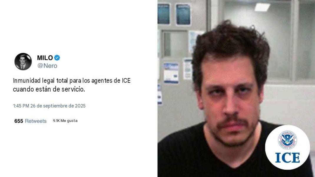 DaniMayakovski's tweet photo. "Hay que dar inmunidad total al ICE cuando están cazando inmigrantes".

El fascista británico, Milo Yiannopoulos, quién era defensor de Trump y de los asesinatos de inmigrantes a manos de la Gestapo trumpista, fue deportado de EEUU por inmigrante por ese mismo ICE que defendía.

Puro karma, el racista siendo deportado por otros racistas. 🫵🏻😂